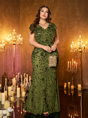 Champagne Gold Floral Sequin Sleeveless V‑Neck Plus‑Size Mermaid Evening Gown