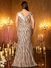 Champagne Rose‑Gold Wavy Sequin One‑Shoulder V‑Neck Plus‑Size Mermaid Evening Gown