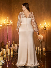 Champagne Satin Sequin Lantern‑Sleeve V‑Neck Plus‑Size Sheath Evening Gown