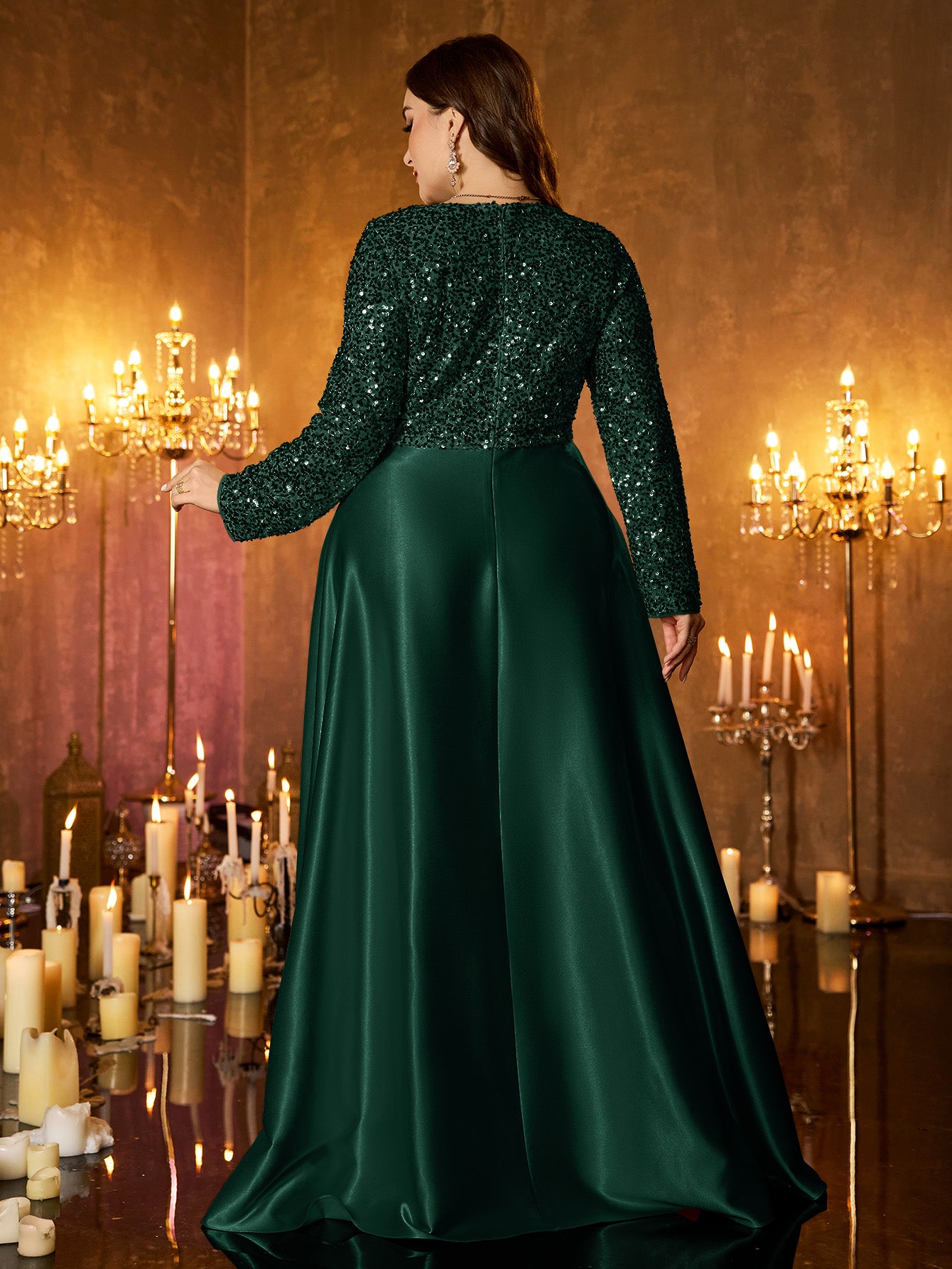 Champagne Silver Beaded High‑Waist A‑Line Plus Size Evening Gown