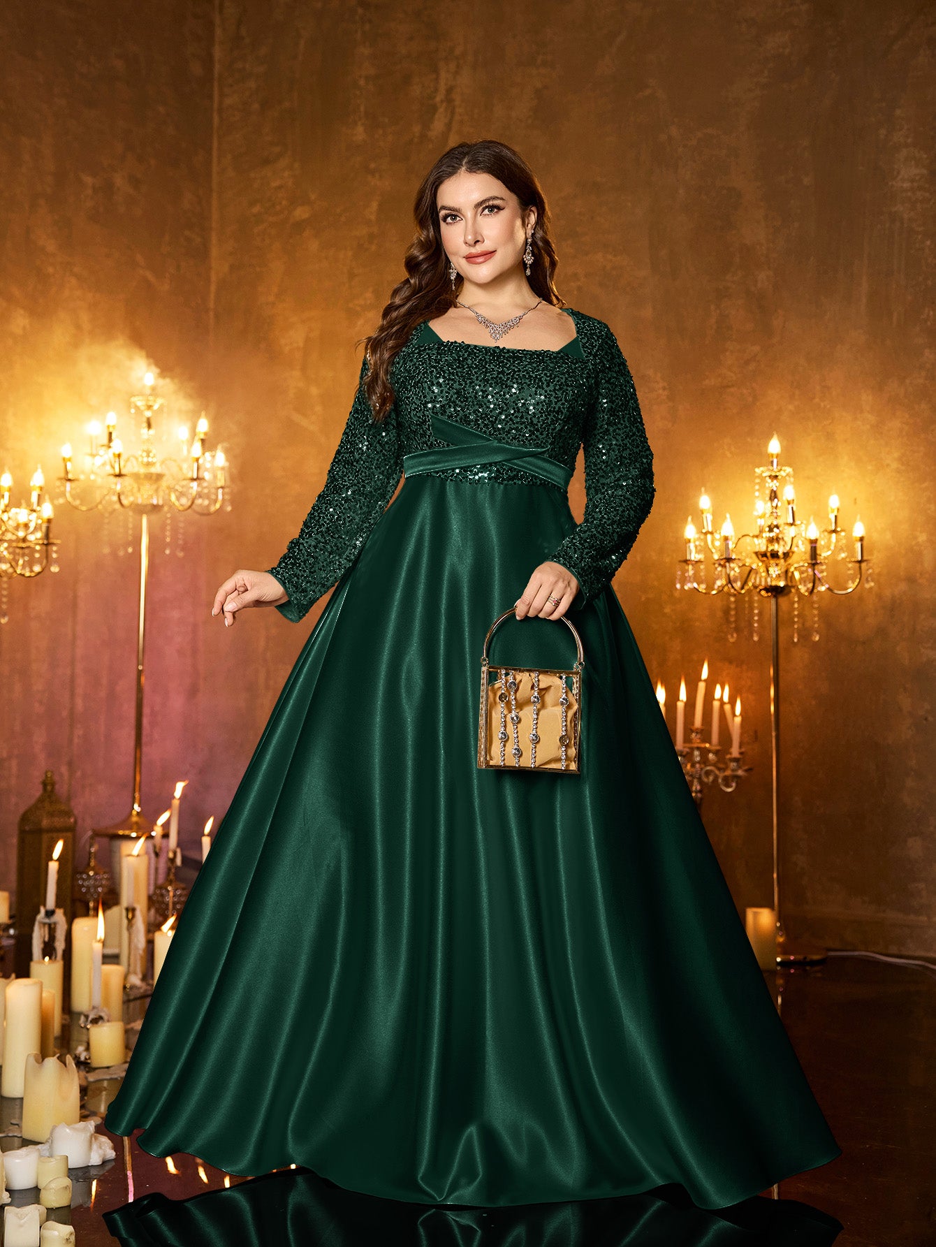 Champagne Silver Beaded High‑Waist A‑Line Plus Size Evening Gown