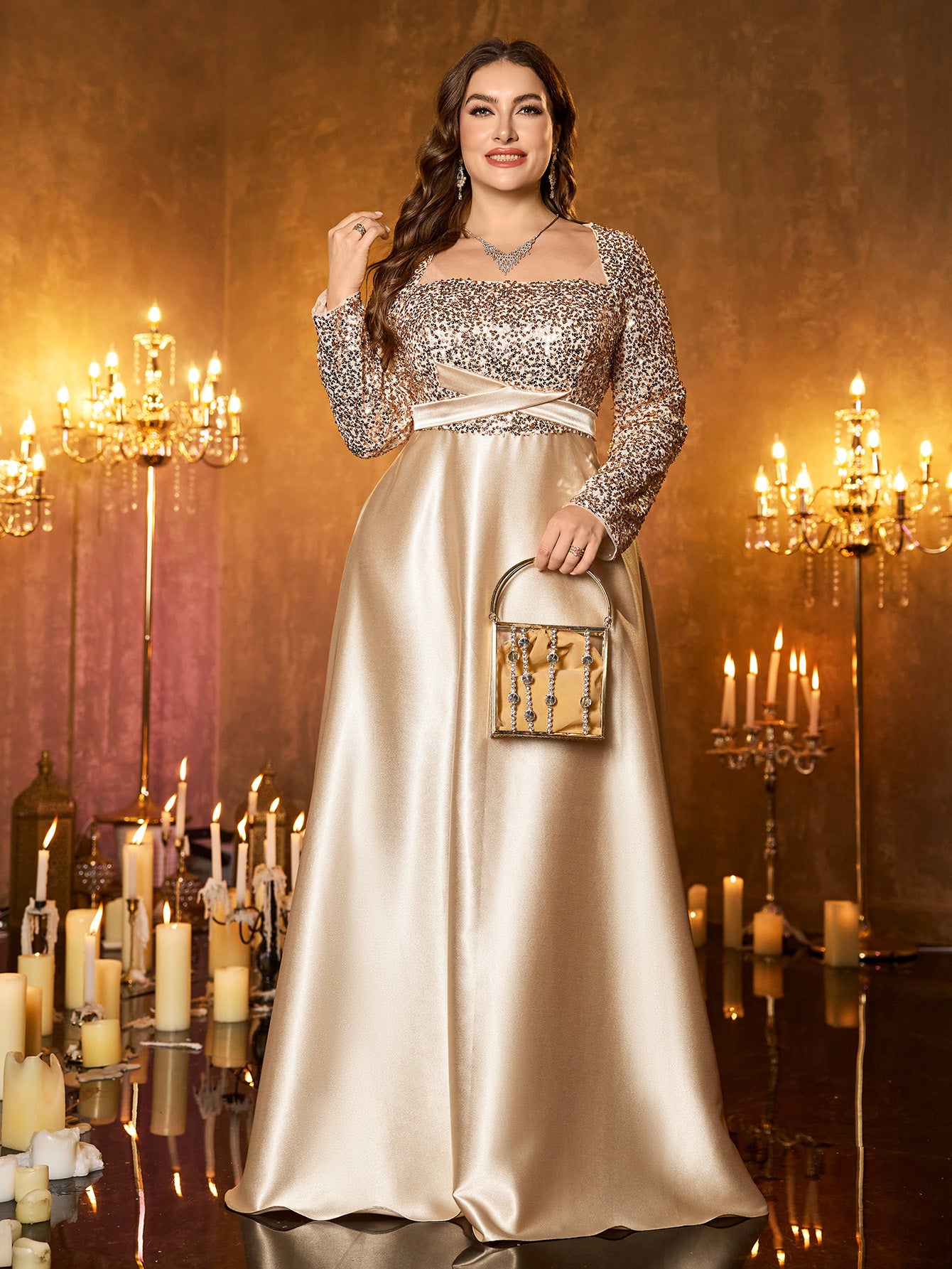 Champagne Silver Beaded High‑Waist A‑Line Plus Size Evening Gown