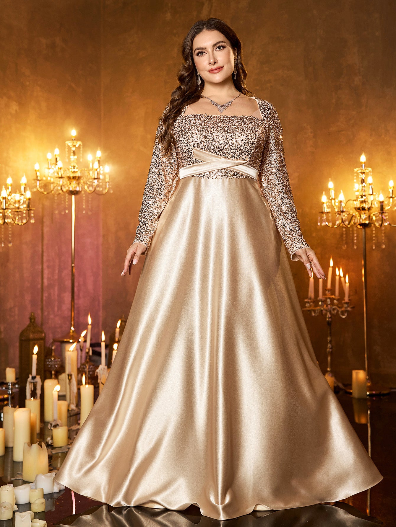 Champagne Silver Beaded High‑Waist A‑Line Plus Size Evening Gown