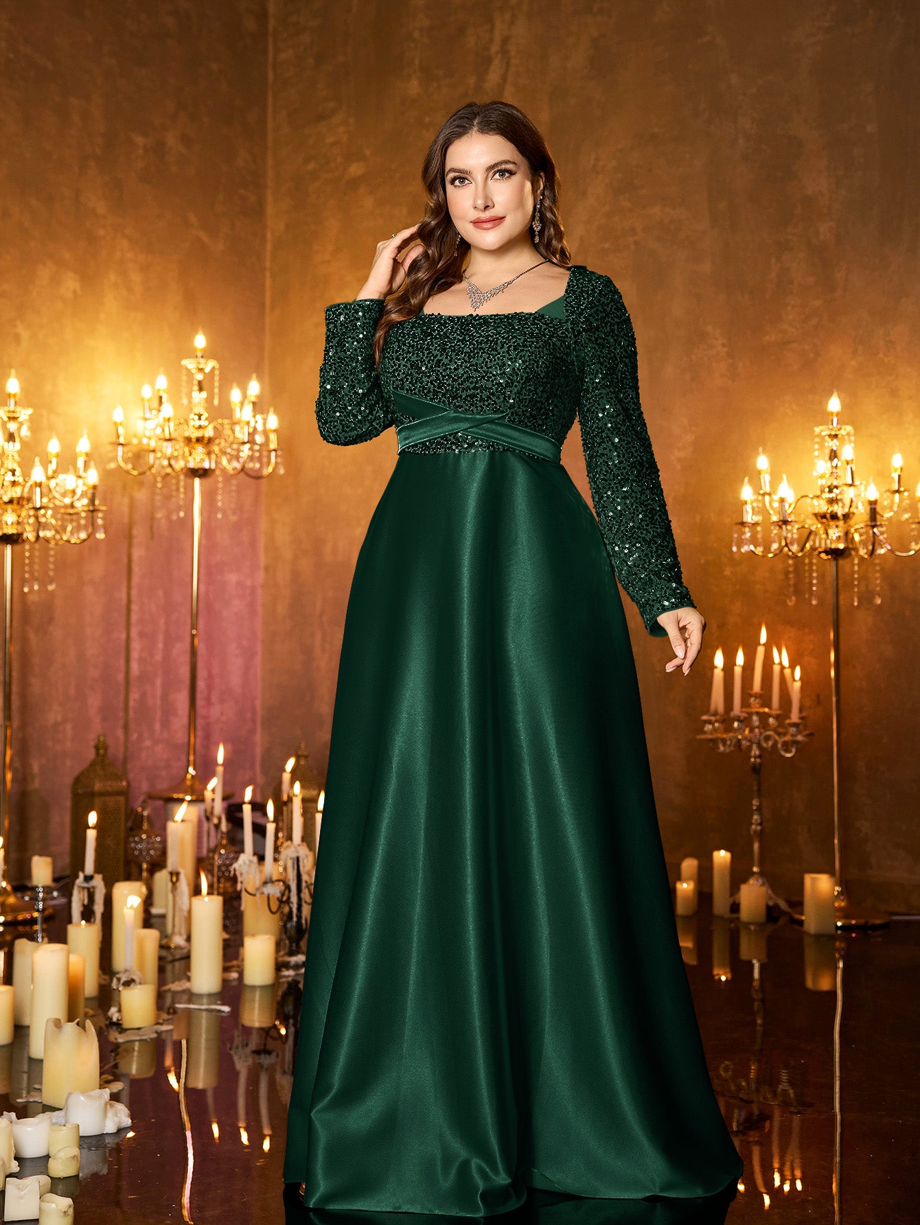 Champagne Silver Beaded High‑Waist A‑Line Plus Size Evening Gown