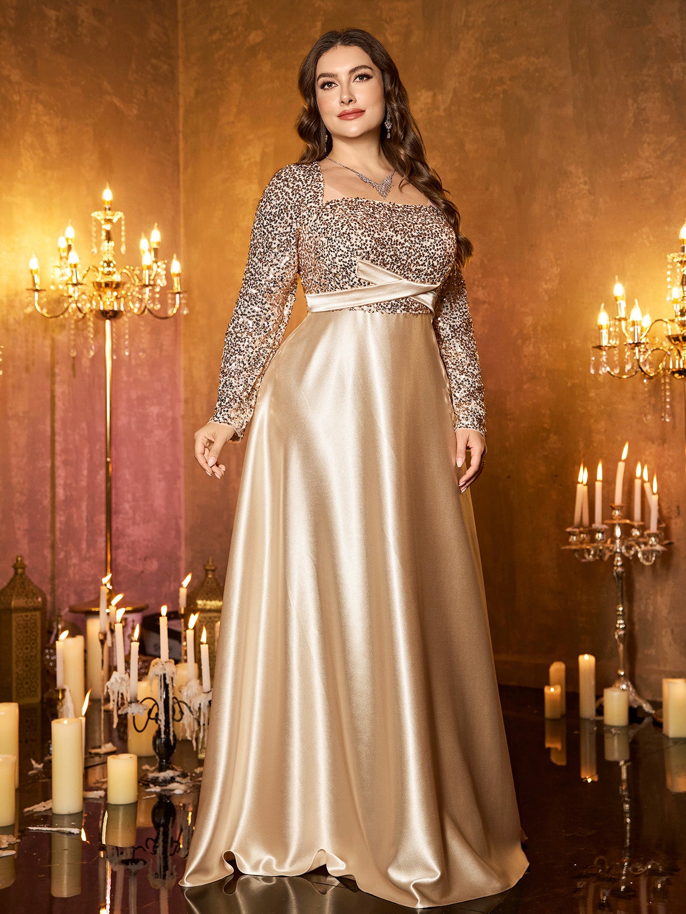 Champagne Silver Beaded High‑Waist A‑Line Plus Size Evening Gown