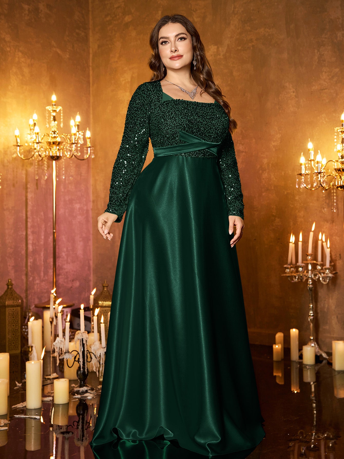 Champagne Silver Beaded High‑Waist A‑Line Plus Size Evening Gown