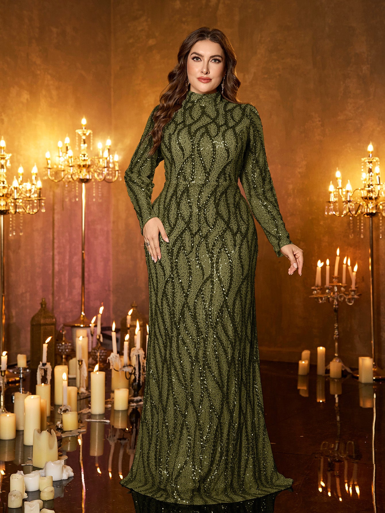 Champagne Rose Gold Pattern Sequin High‑Neck Plus‑Size Mermaid Formal Dress
