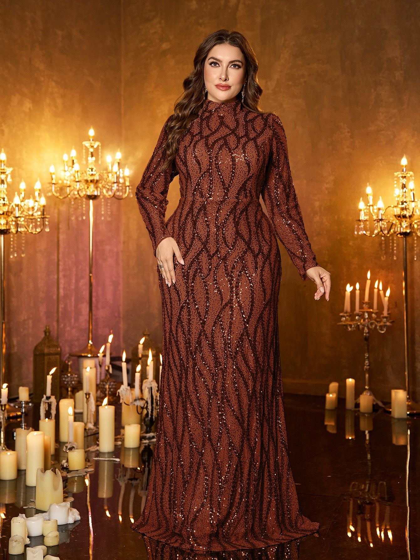 Champagne Rose Gold Pattern Sequin High‑Neck Plus‑Size Mermaid Formal Dress