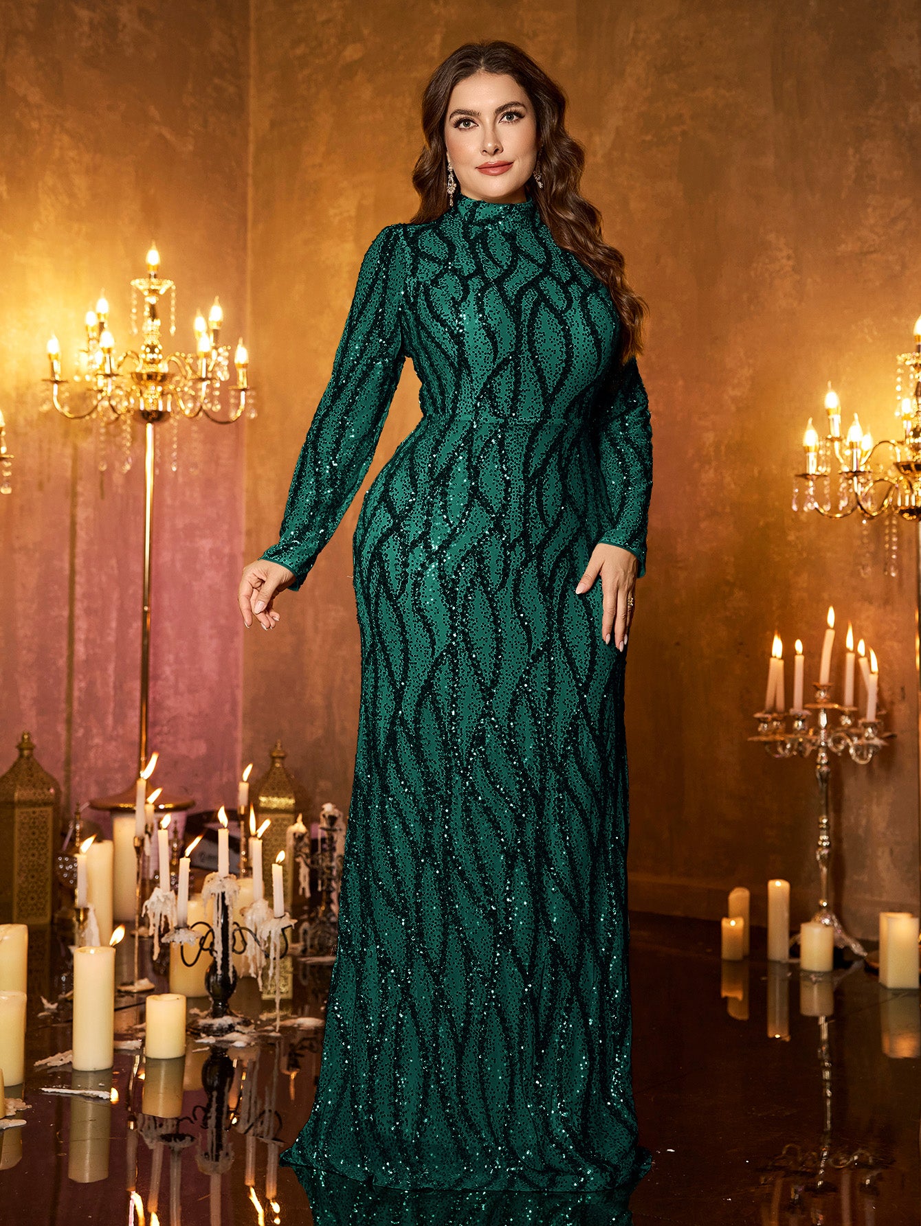 Champagne Rose Gold Pattern Sequin High‑Neck Plus‑Size Mermaid Formal Dress
