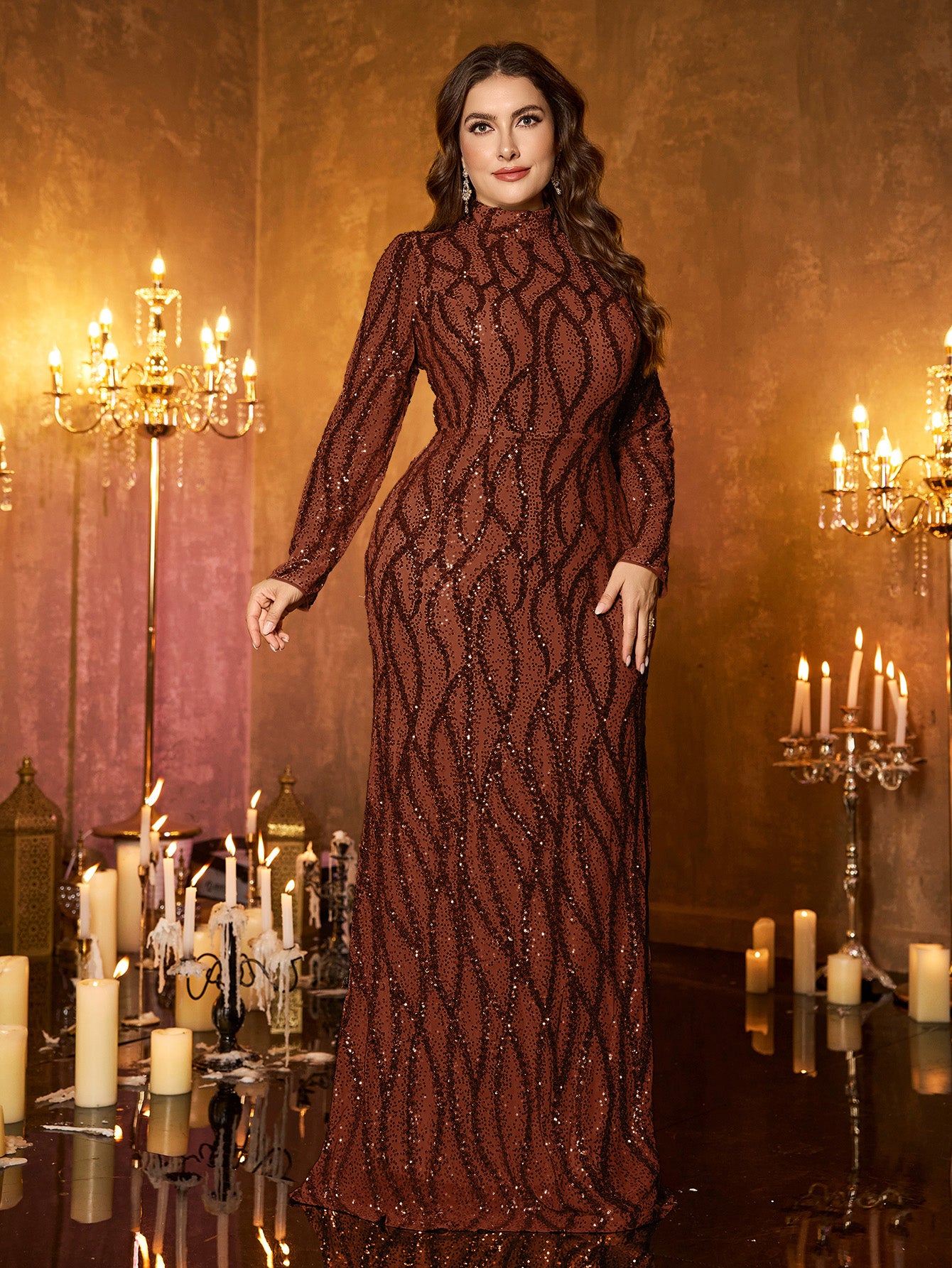 Champagne Rose Gold Pattern Sequin High‑Neck Plus‑Size Mermaid Formal Dress