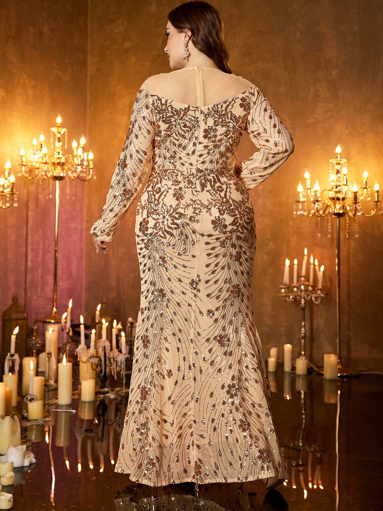 Gold Pattern Sequin Boat Neck Long Sleeve Side Slit Plus‑Size Mermaid Formal Dress