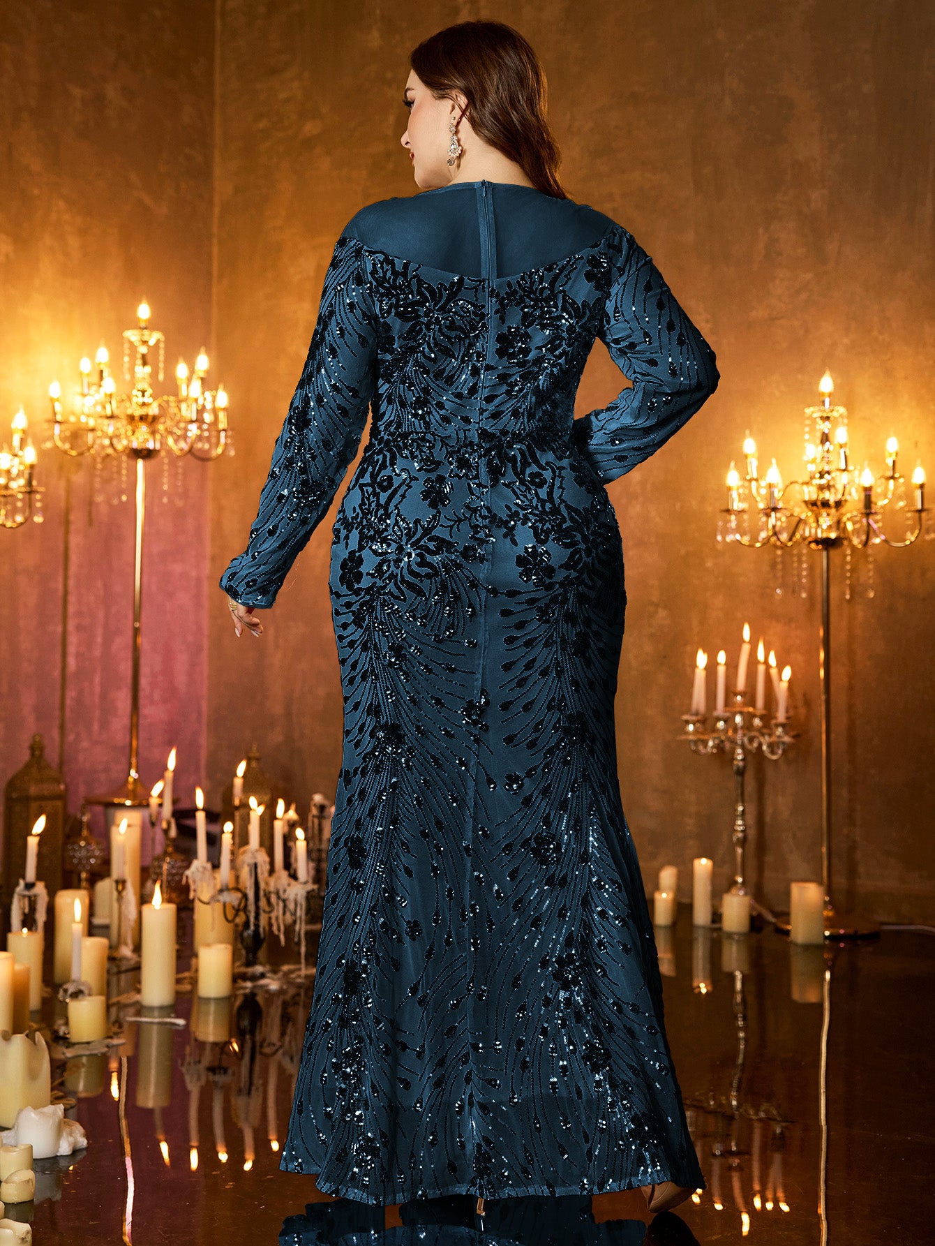 Gold Pattern Sequin Boat Neck Long Sleeve Side Slit Plus‑Size Mermaid Formal Dress