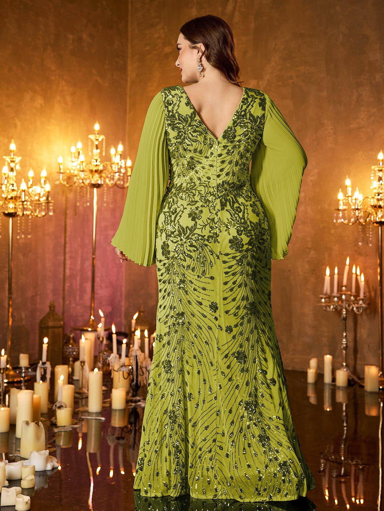Champagne Gold Embroidered Bell‑Sleeve Slit Plus Size Evening Gown