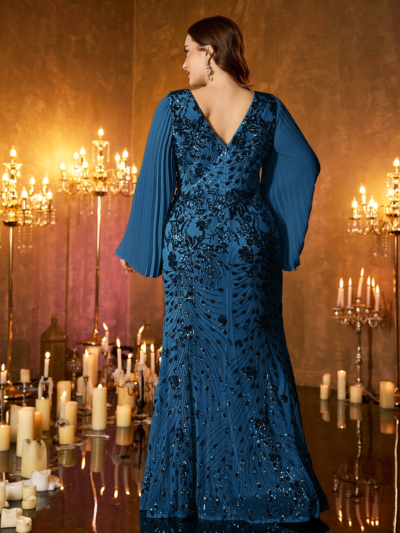 Champagne Gold Embroidered Bell‑Sleeve Slit Plus Size Evening Gown
