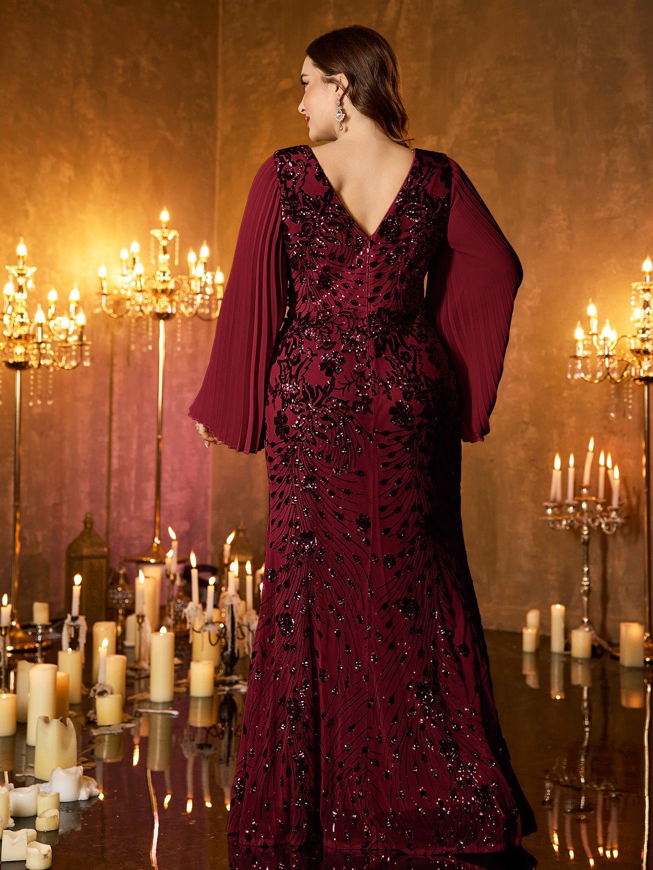 Champagne Gold Embroidered Bell‑Sleeve Slit Plus Size Evening Gown
