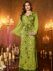Champagne Gold Embroidered Bell‑Sleeve Slit Plus Size Evening Gown