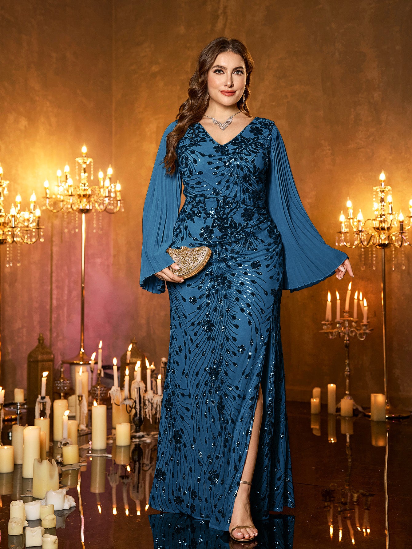Champagne Gold Embroidered Bell‑Sleeve Slit Plus Size Evening Gown