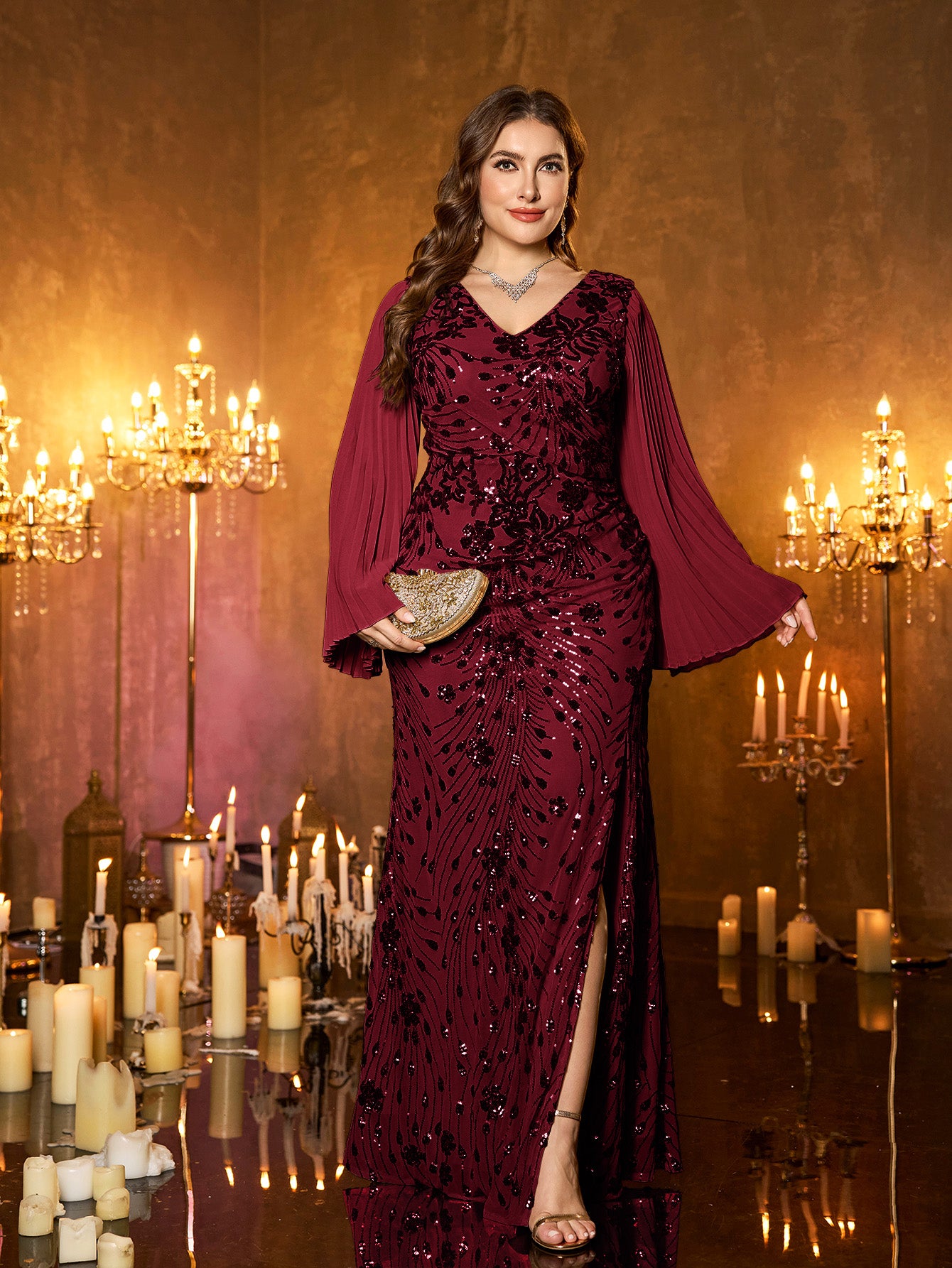 Champagne Gold Embroidered Bell‑Sleeve Slit Plus Size Evening Gown