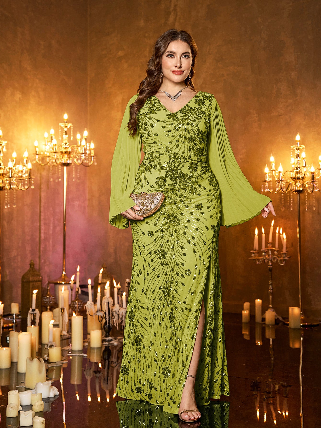 Champagne Gold Embroidered Bell‑Sleeve Slit Plus Size Evening Gown