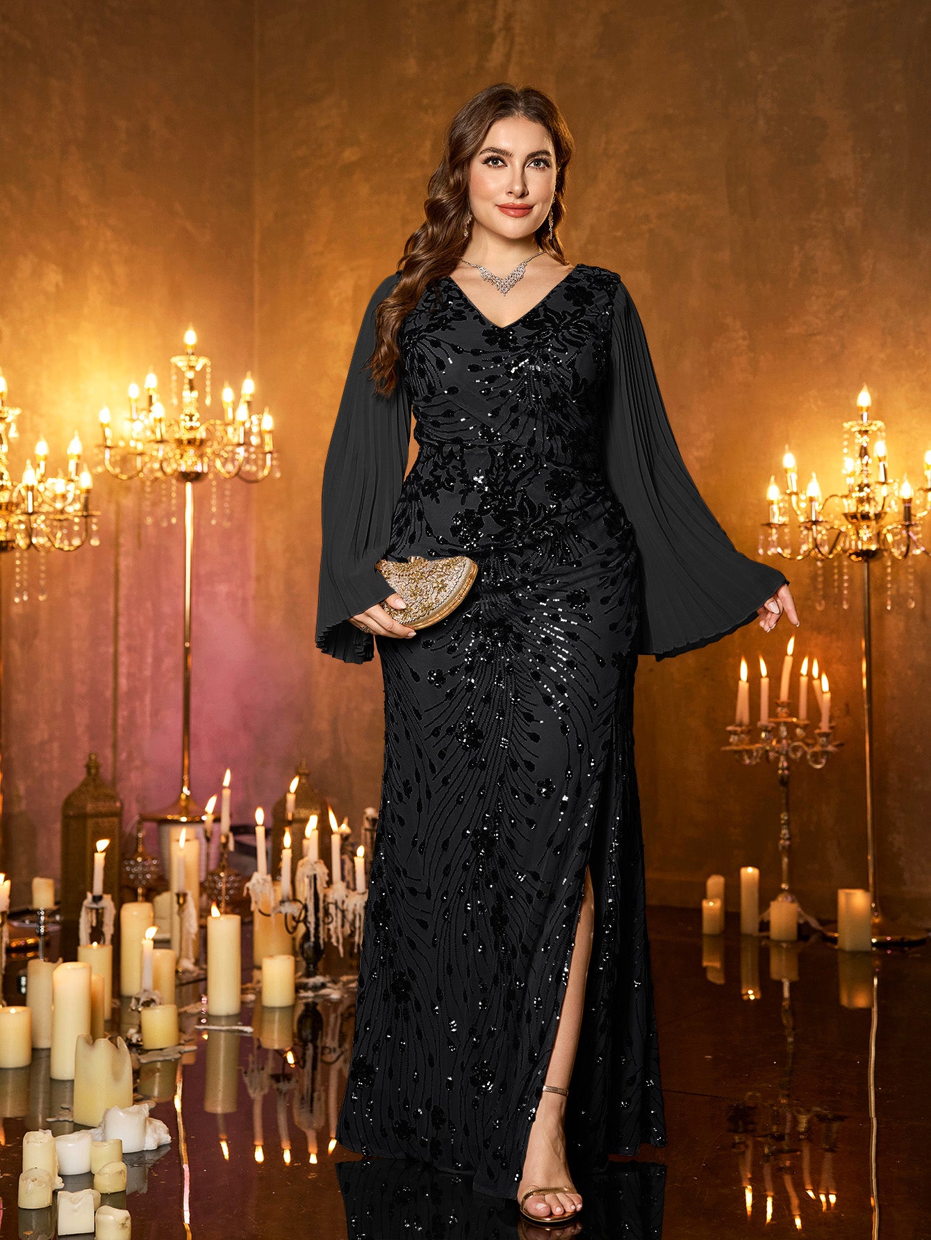 Champagne Gold Embroidered Bell‑Sleeve Slit Plus Size Evening Gown