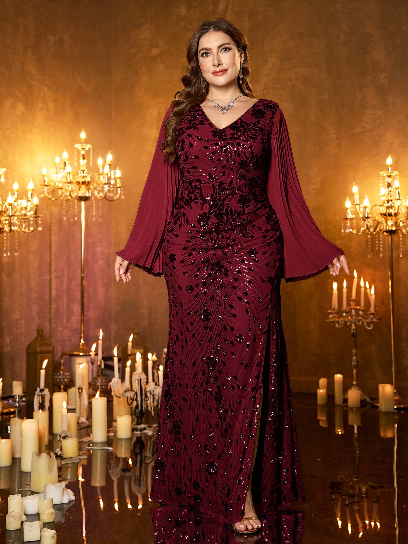 Champagne Gold Embroidered Bell‑Sleeve Slit Plus Size Evening Gown