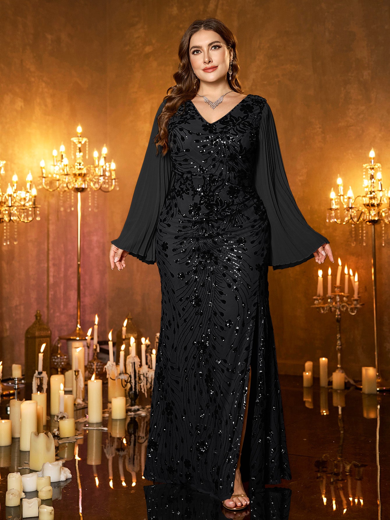 Champagne Gold Embroidered Bell‑Sleeve Slit Plus Size Evening Gown