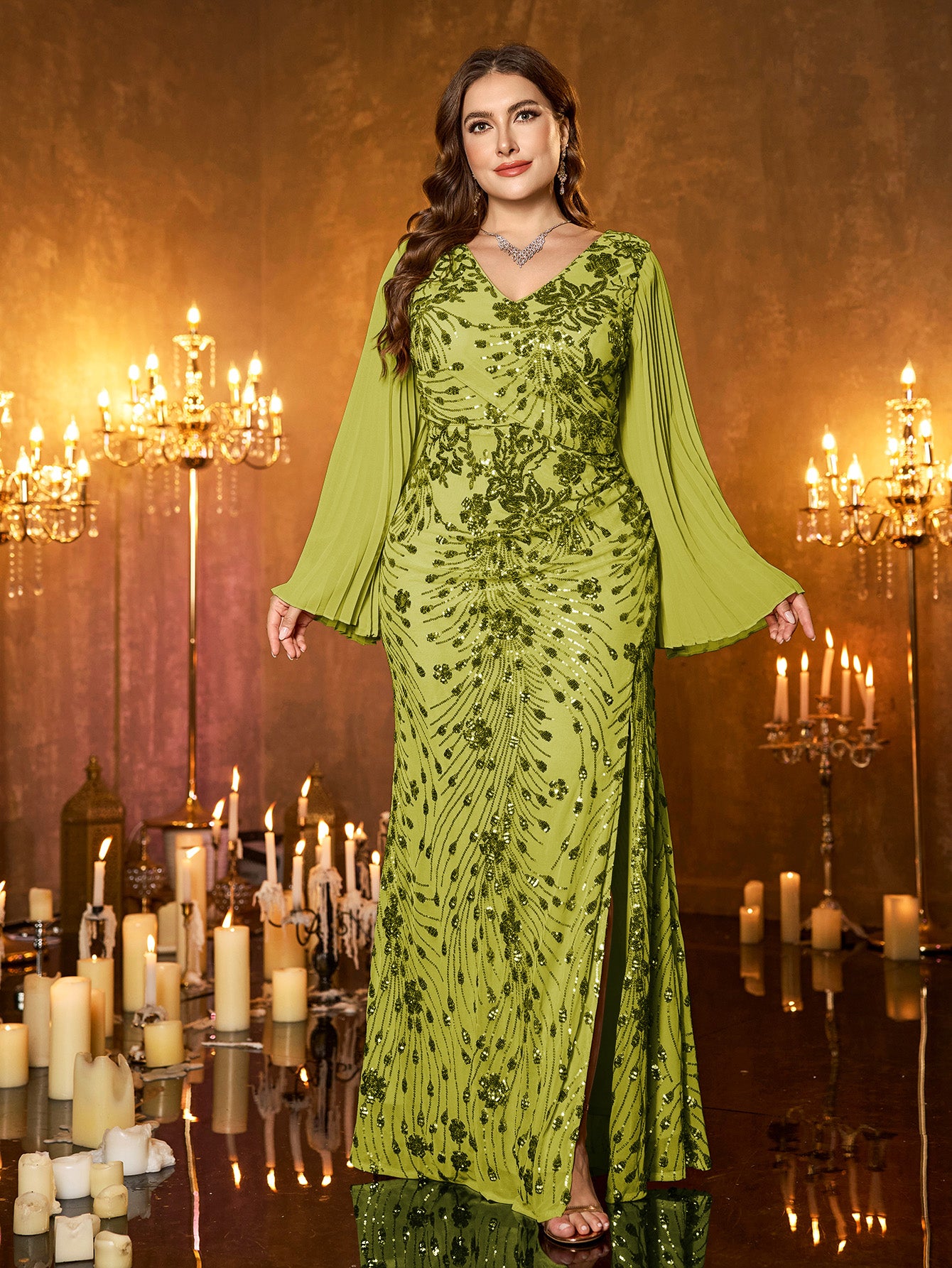Champagne Gold Embroidered Bell‑Sleeve Slit Plus Size Evening Gown