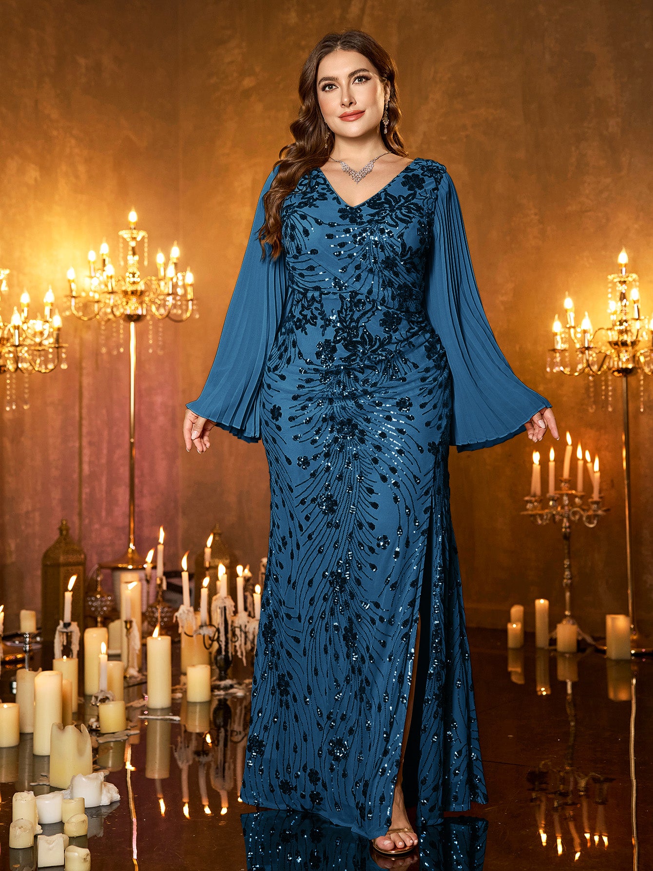 Champagne Gold Embroidered Bell‑Sleeve Slit Plus Size Evening Gown