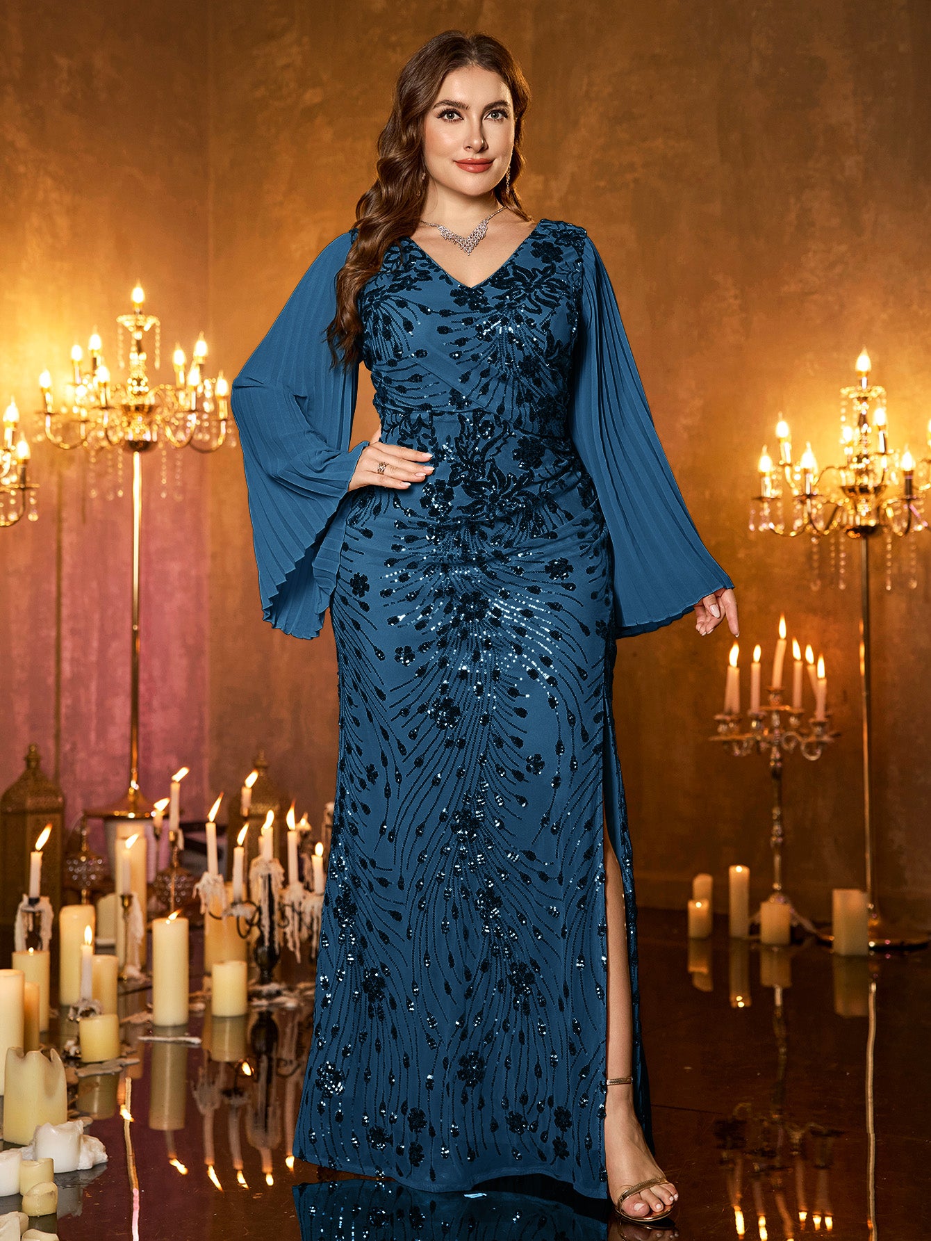 Champagne Gold Embroidered Bell‑Sleeve Slit Plus Size Evening Gown