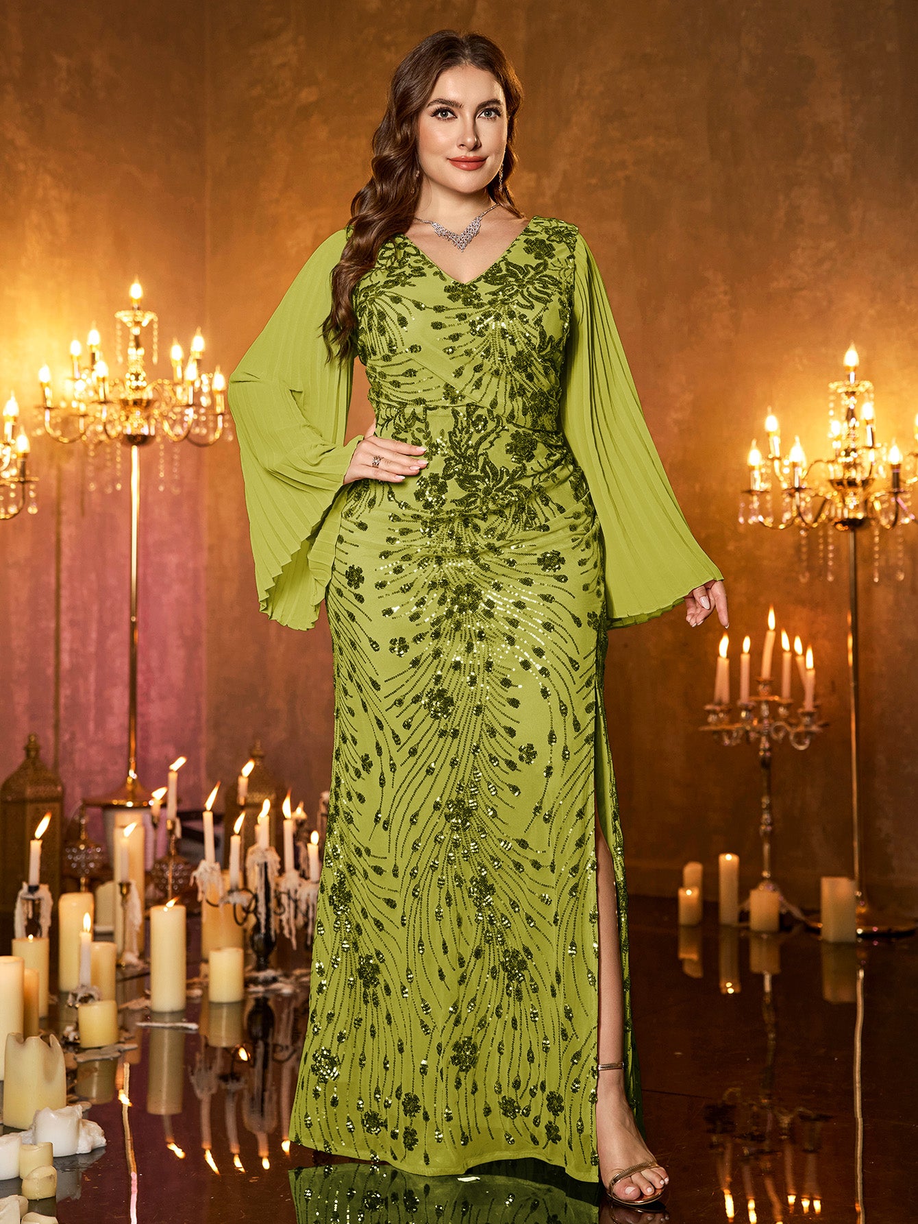 Champagne Gold Embroidered Bell‑Sleeve Slit Plus Size Evening Gown