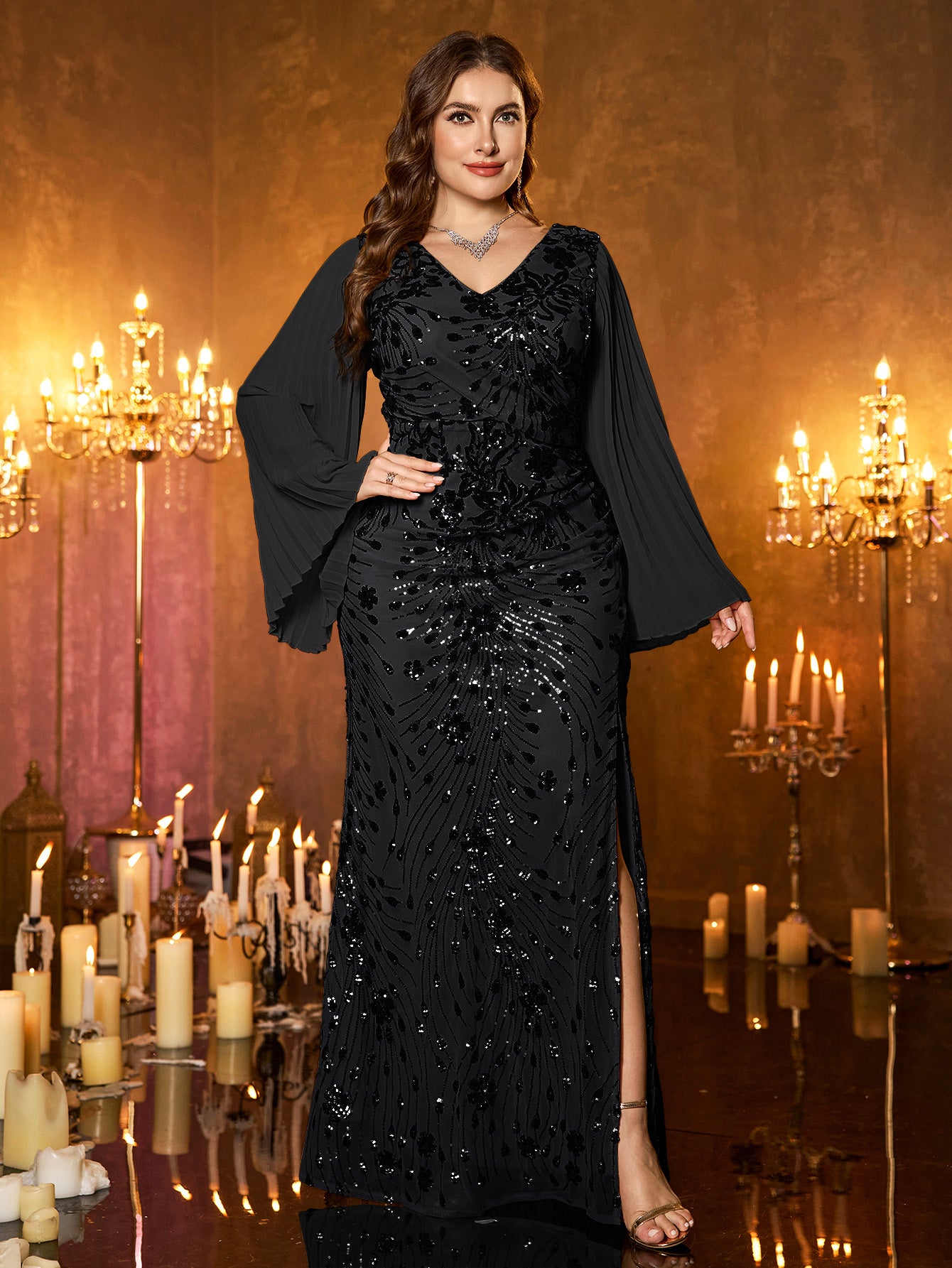 Champagne Gold Embroidered Bell‑Sleeve Slit Plus Size Evening Gown