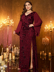 Champagne Gold Embroidered Bell‑Sleeve Slit Plus Size Evening Gown