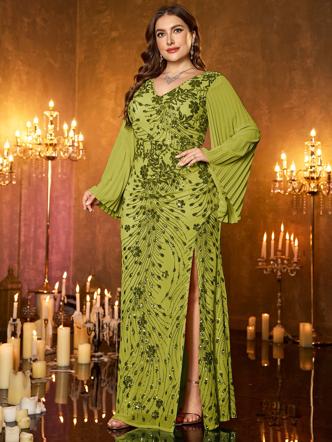 Champagne Gold Embroidered Bell‑Sleeve Slit Plus Size Evening Gown