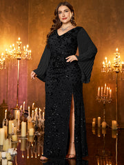 Champagne Gold Embroidered Bell‑Sleeve Slit Plus Size Evening Gown