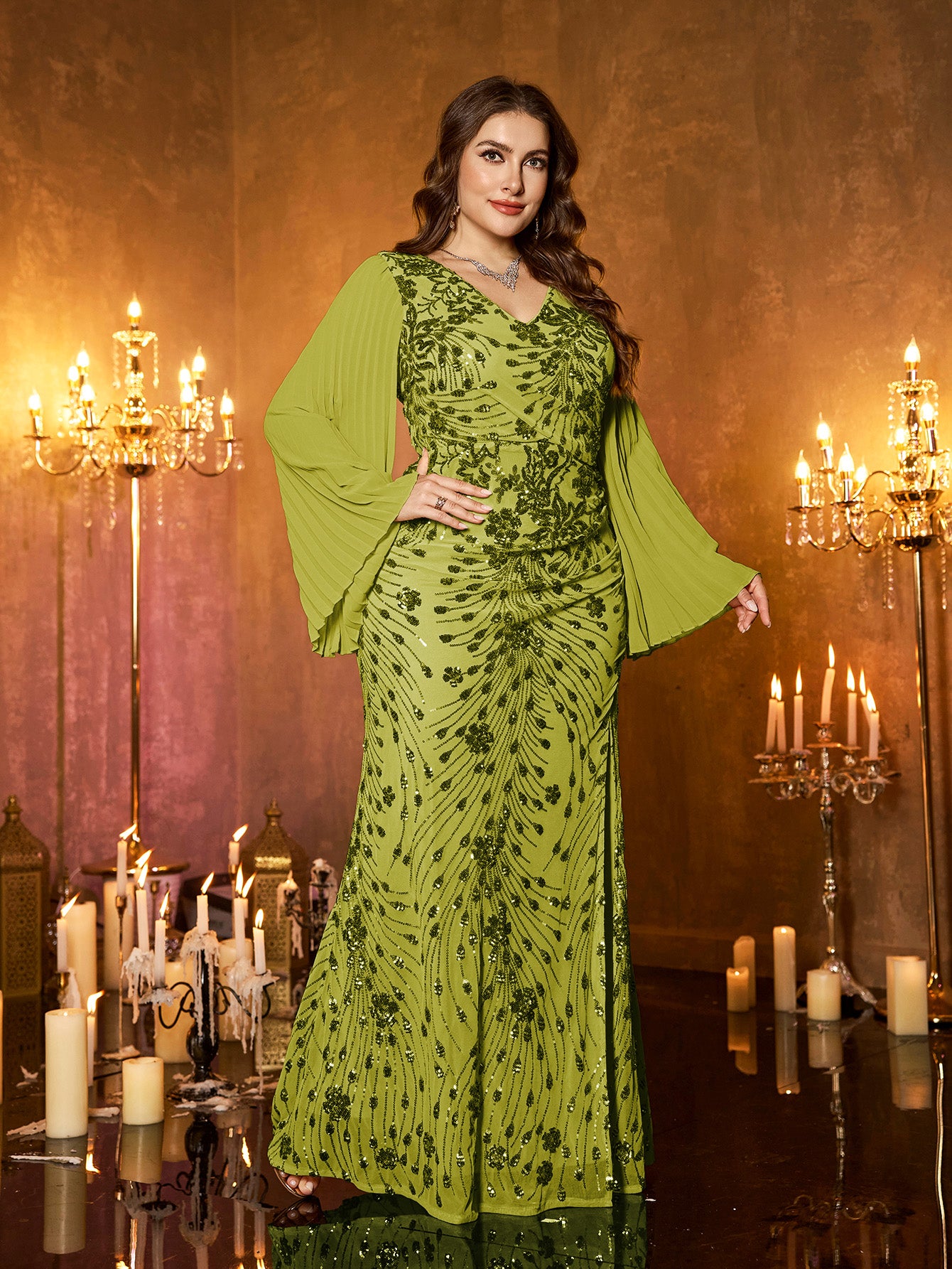 Champagne Gold Embroidered Bell‑Sleeve Slit Plus Size Evening Gown
