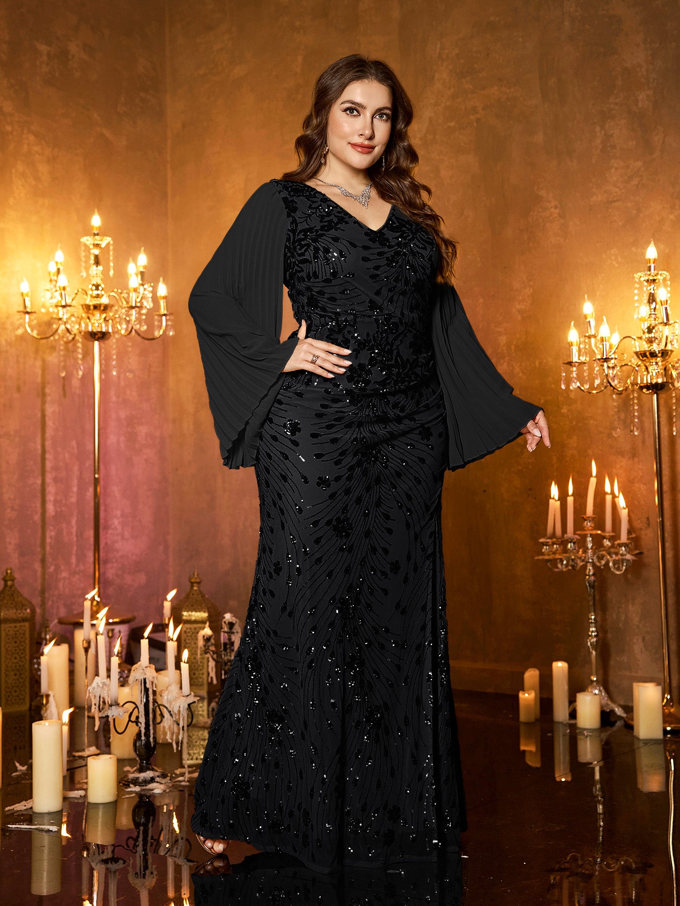 Champagne Gold Embroidered Bell‑Sleeve Slit Plus Size Evening Gown