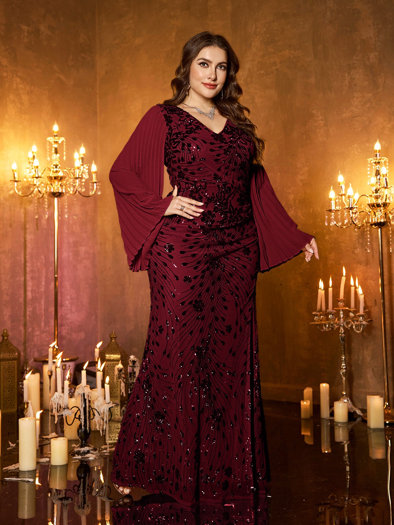 Champagne Gold Embroidered Bell‑Sleeve Slit Plus Size Evening Gown