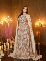 Champagne Chiffon Cape Strapless Sequin Plus‑Size Mermaid Formal Dress