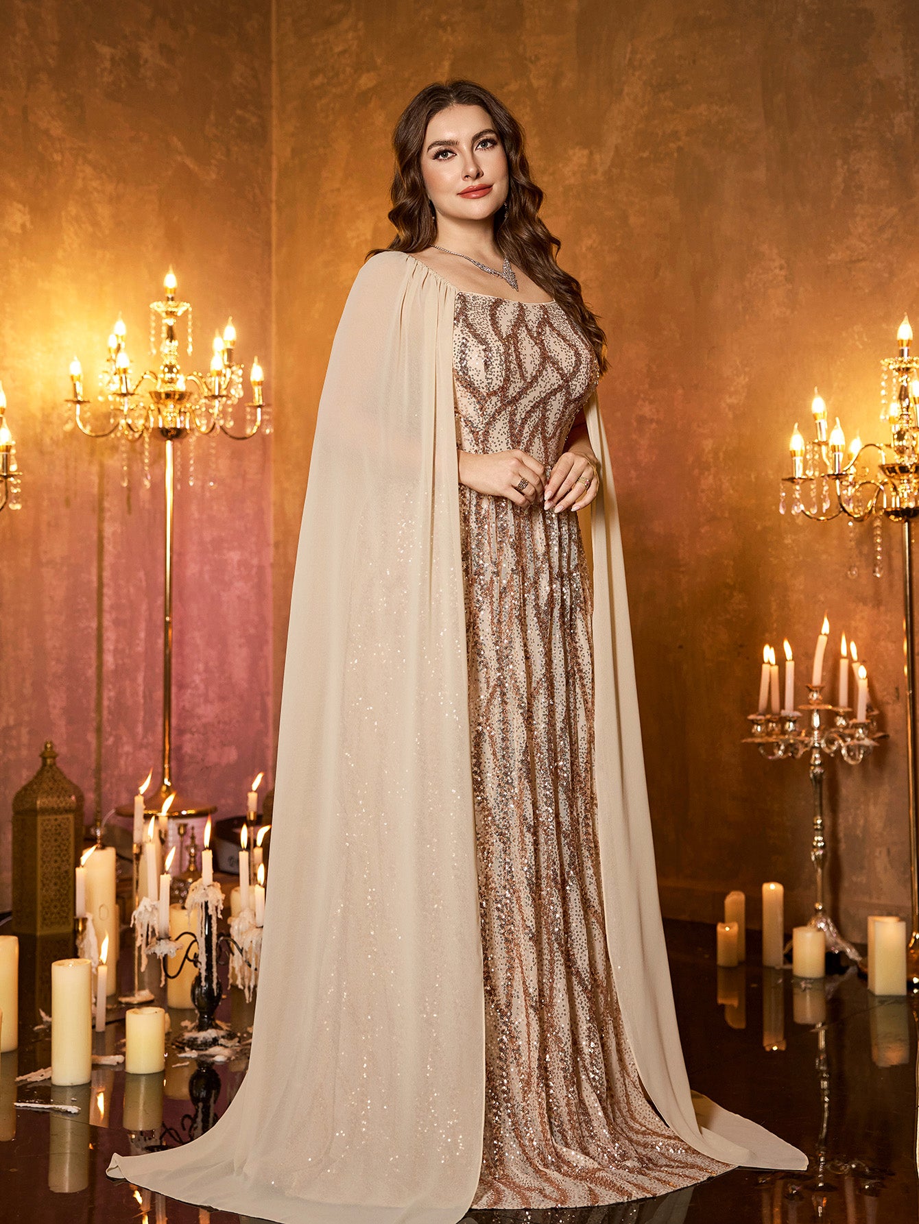 Champagne Chiffon Cape Strapless Sequin Plus‑Size Mermaid Formal Dress