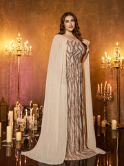 Champagne Chiffon Cape Strapless Sequin Plus‑Size Mermaid Formal Dress