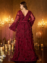 Burgundy Floral Sequin V‑Neck Flare Long‑Sleeve Plus‑Size A‑Line Evening Gown