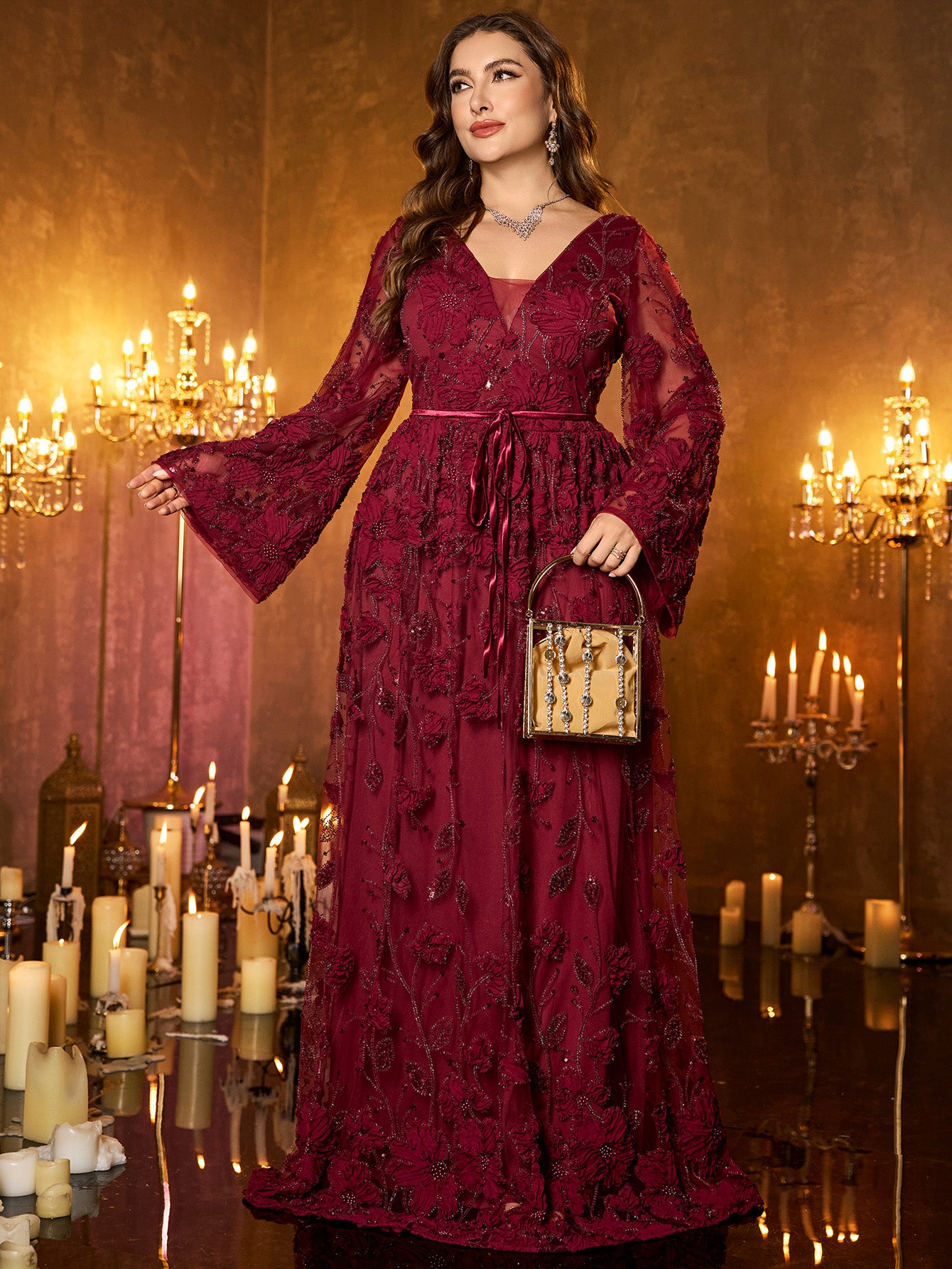 Burgundy Floral Sequin V‑Neck Flare Long‑Sleeve Plus‑Size A‑Line Evening Gown