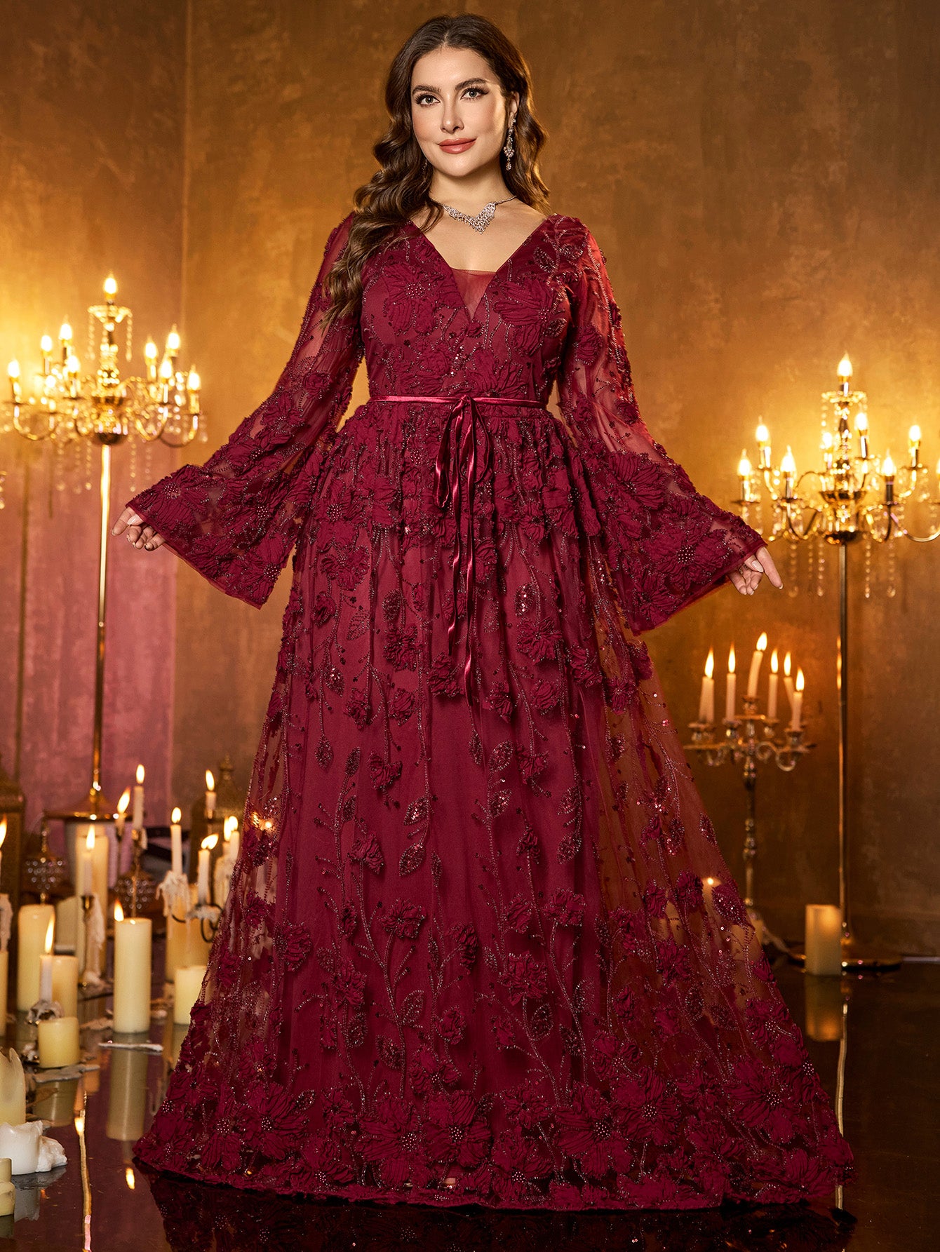 Burgundy Floral Sequin V‑Neck Flare Long‑Sleeve Plus‑Size A‑Line Evening Gown