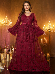 Burgundy Floral Sequin V‑Neck Flare Long‑Sleeve Plus‑Size A‑Line Evening Gown
