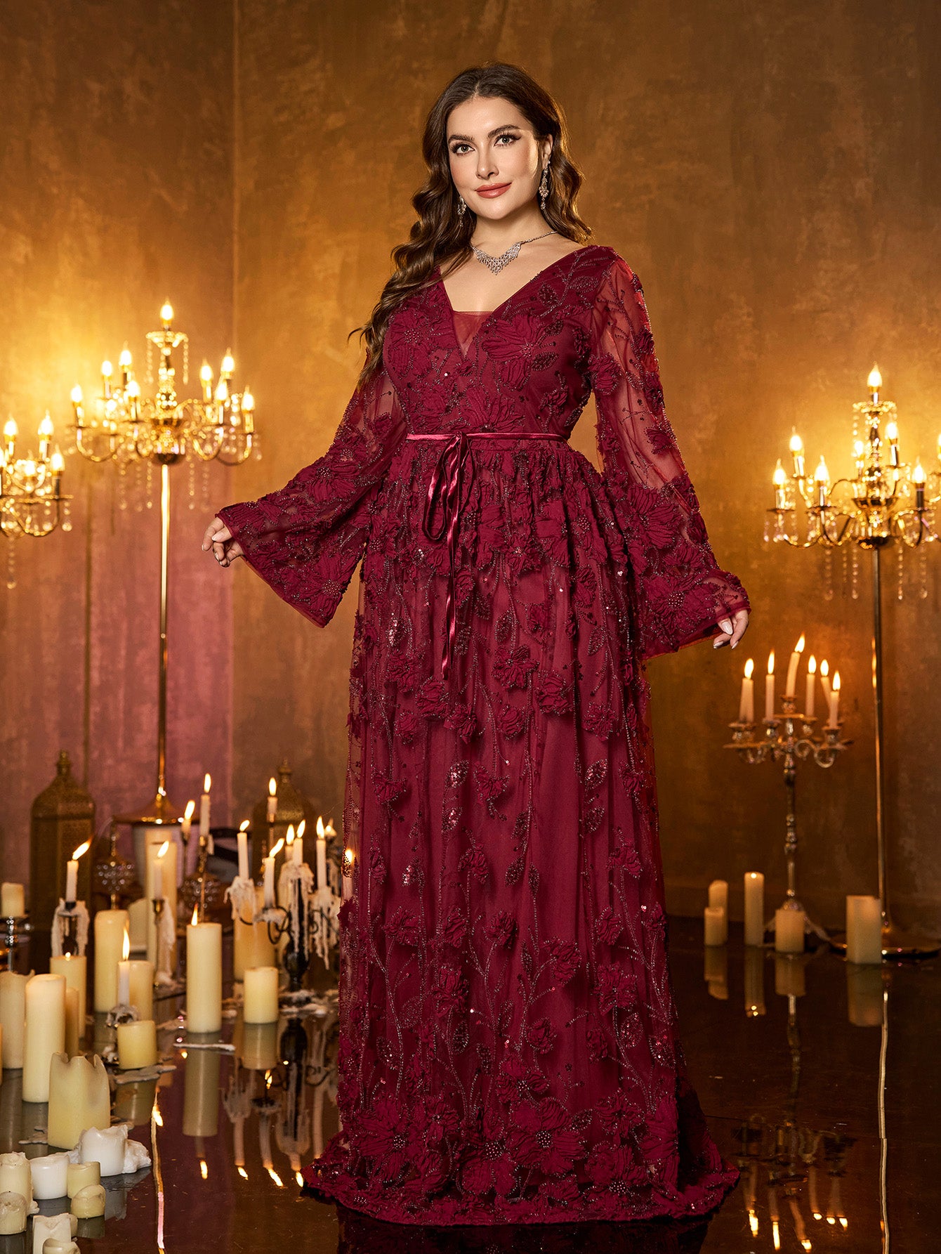 Burgundy Floral Sequin V‑Neck Flare Long‑Sleeve Plus‑Size A‑Line Evening Gown