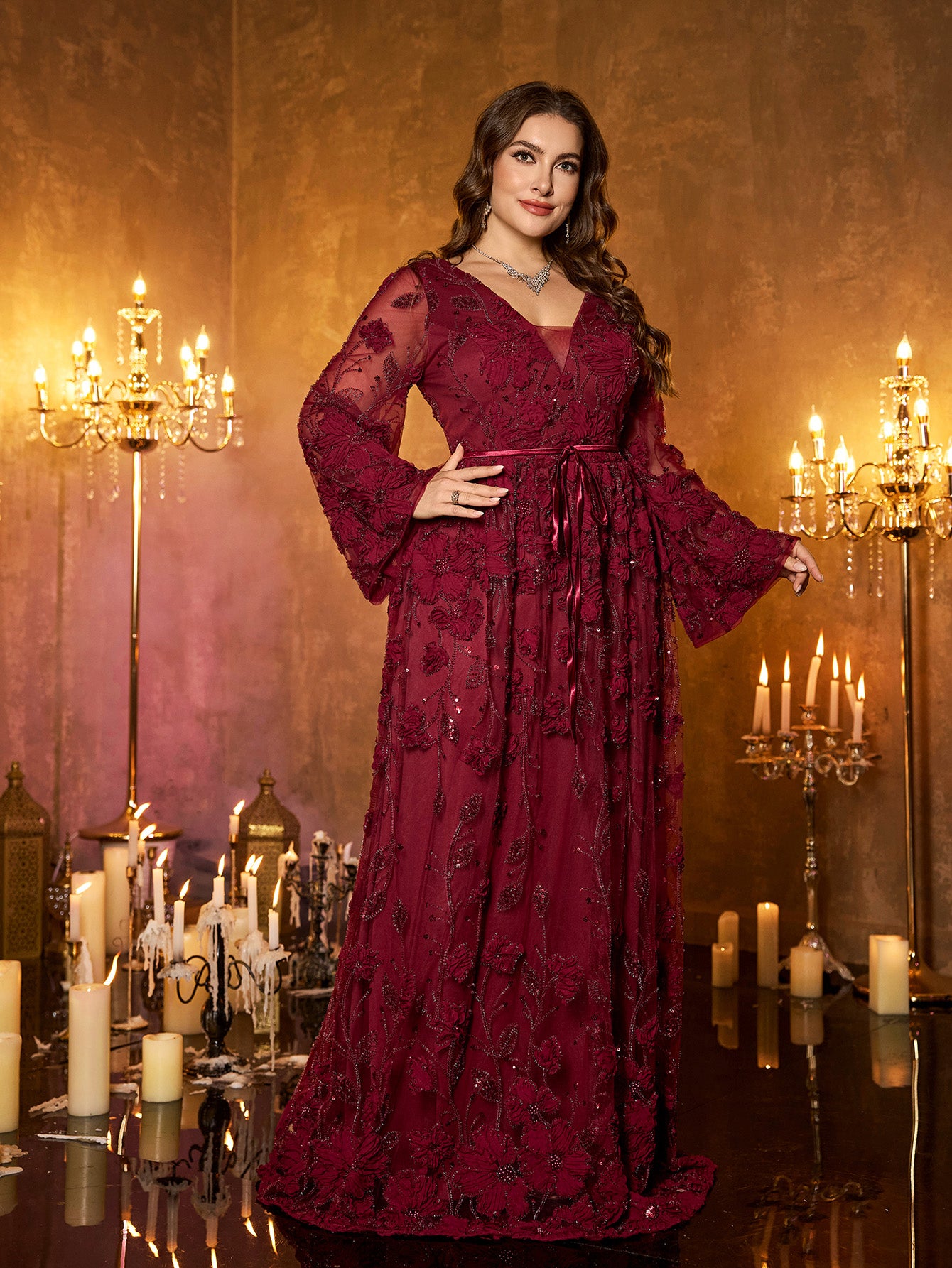Burgundy Floral Sequin V‑Neck Flare Long‑Sleeve Plus‑Size A‑Line Evening Gown