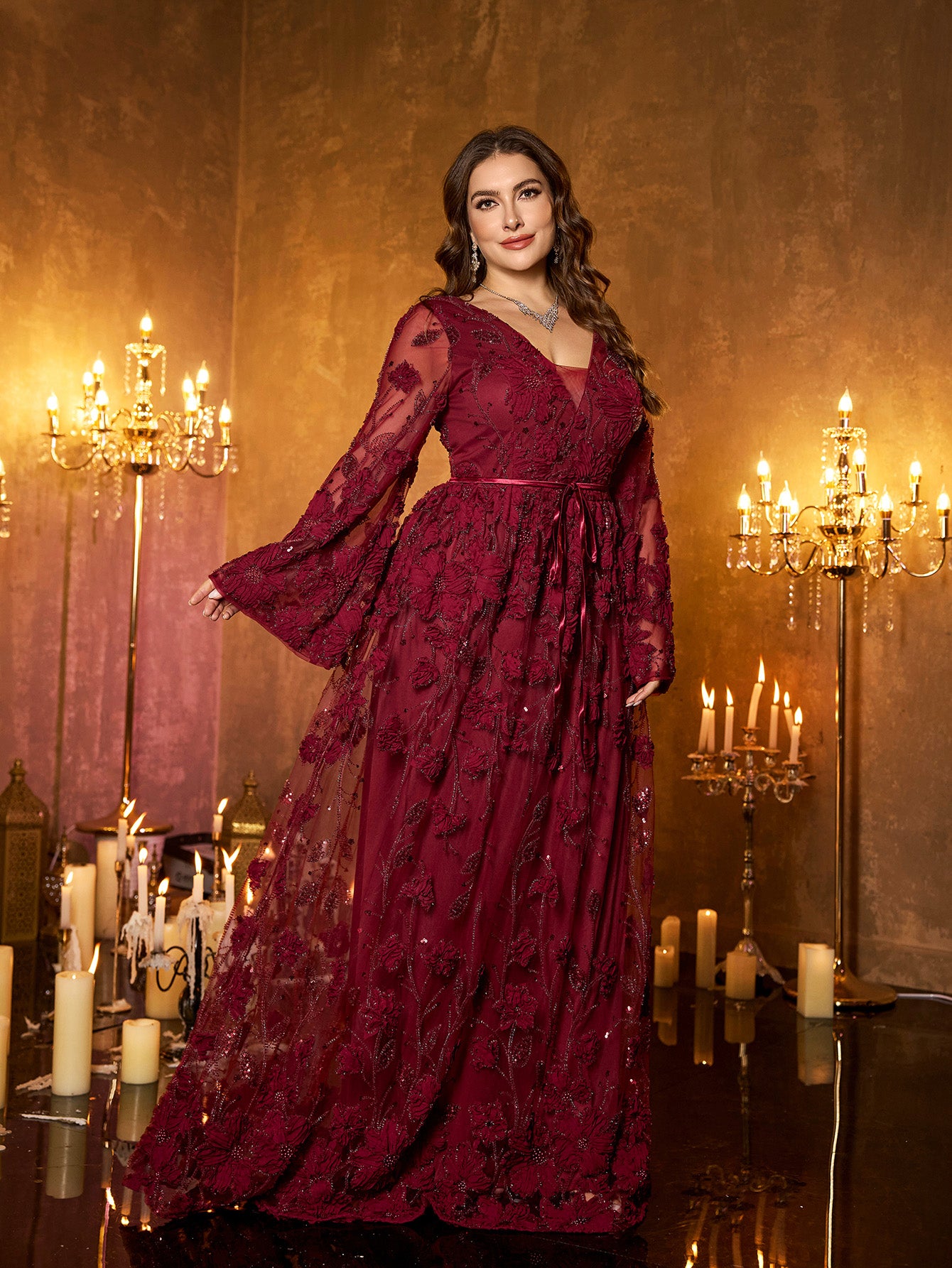 Burgundy Floral Sequin V‑Neck Flare Long‑Sleeve Plus‑Size A‑Line Evening Gown