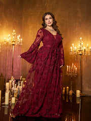 Burgundy Floral Sequin V‑Neck Flare Long‑Sleeve Plus‑Size A‑Line Evening Gown
