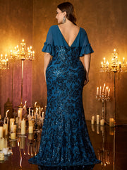 Dark Blue Pattern Sequin Square‑Neck Short Flare Sleeve Plus‑Size Mermaid Party Gown