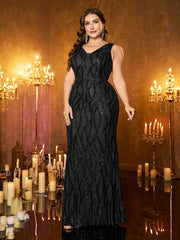 Teal Wave‑Pattern Sequin Sleeveless V‑Neck Plus‑Size Mermaid Evening Gown